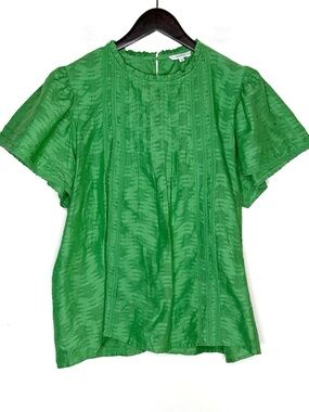 Poetry 100% Cotton Green Pintuck Flutter Sleeve Ruffle Neck Blouse Size 16